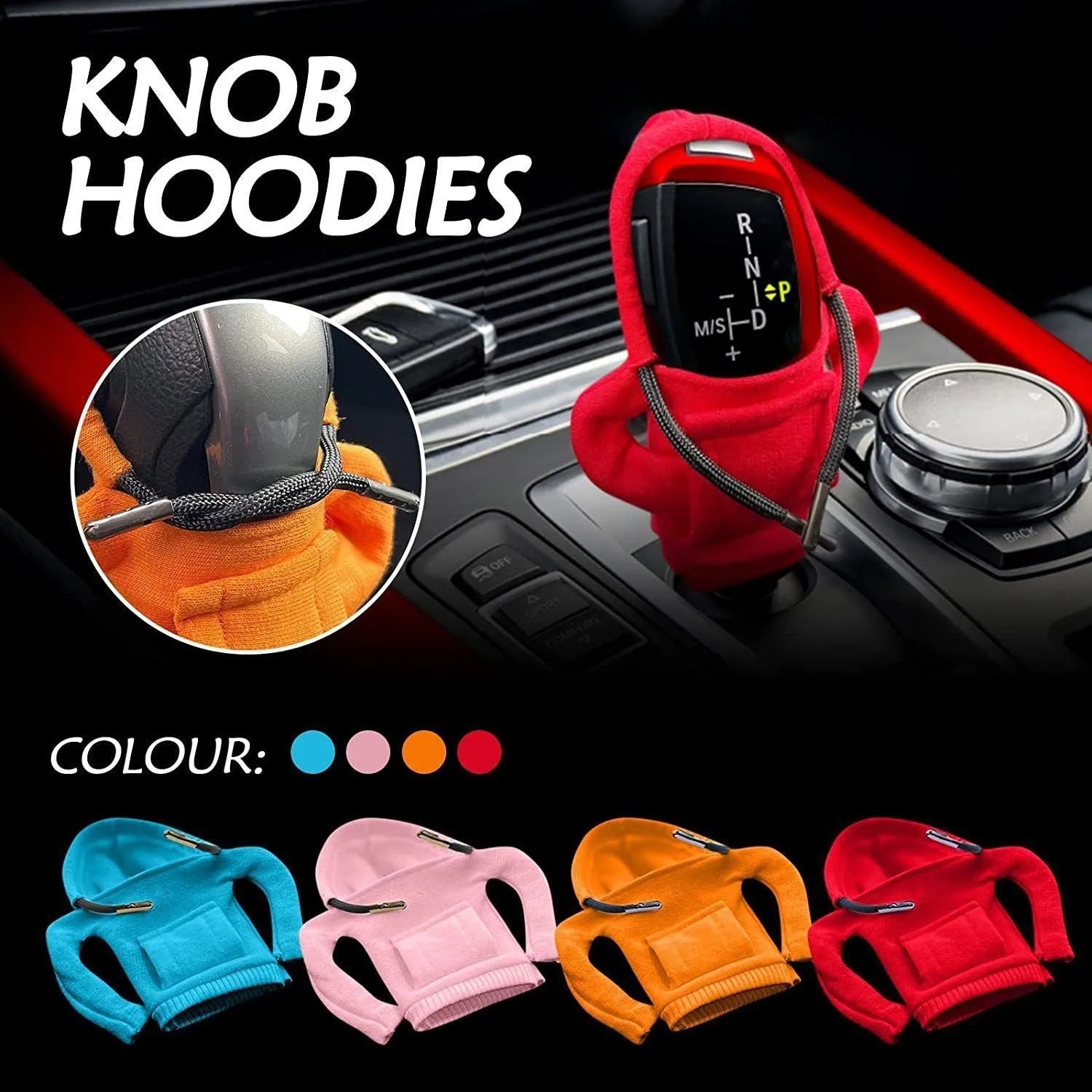 Gear shift knob hoodie cover in multiple colours showing 13x8cm dimensions and cloth material