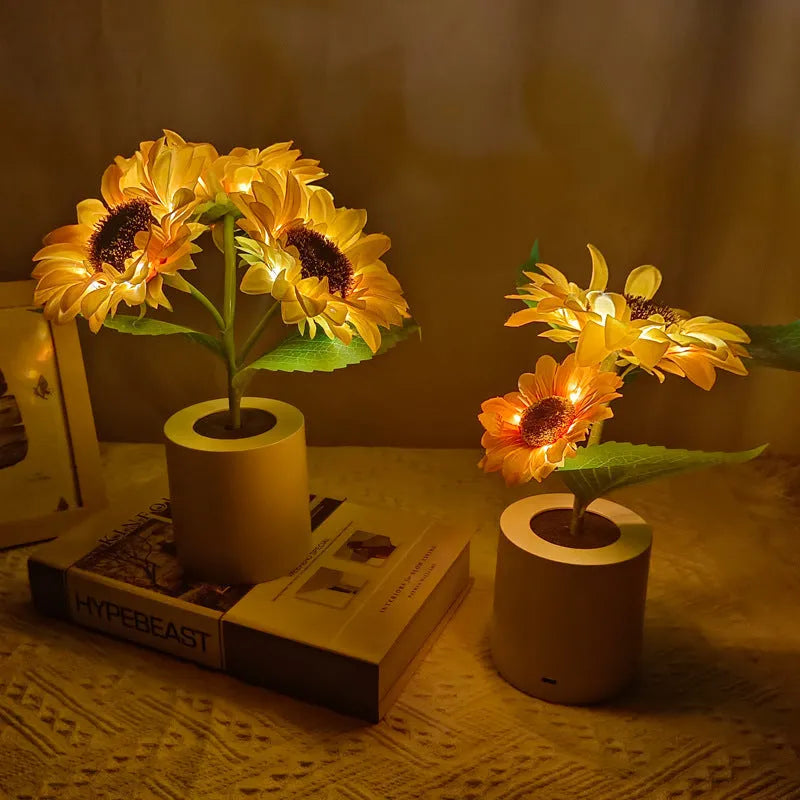 Rechargeable artificial sunflower LED night light on a table