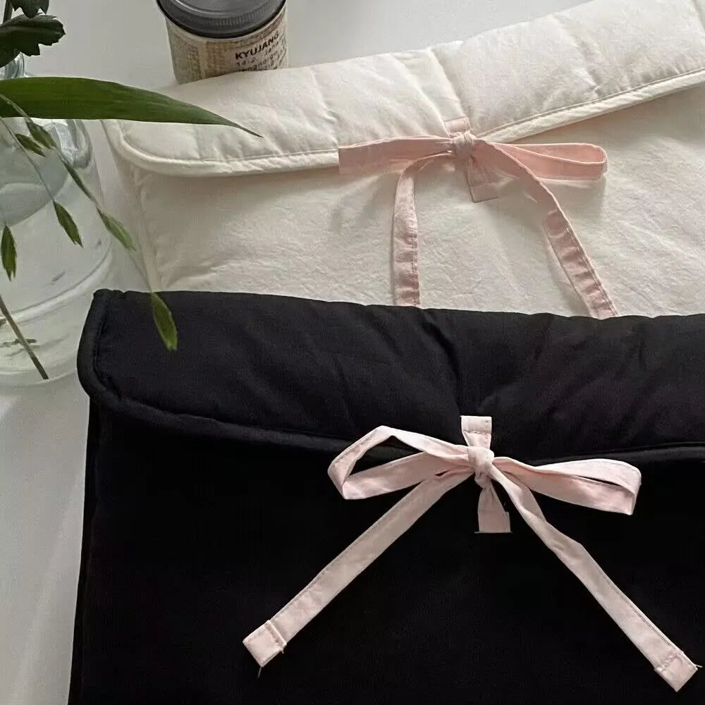 Women's black and white quilted computer bag with striped pattern and ballet bow for 11-inch or 14-inch laptops