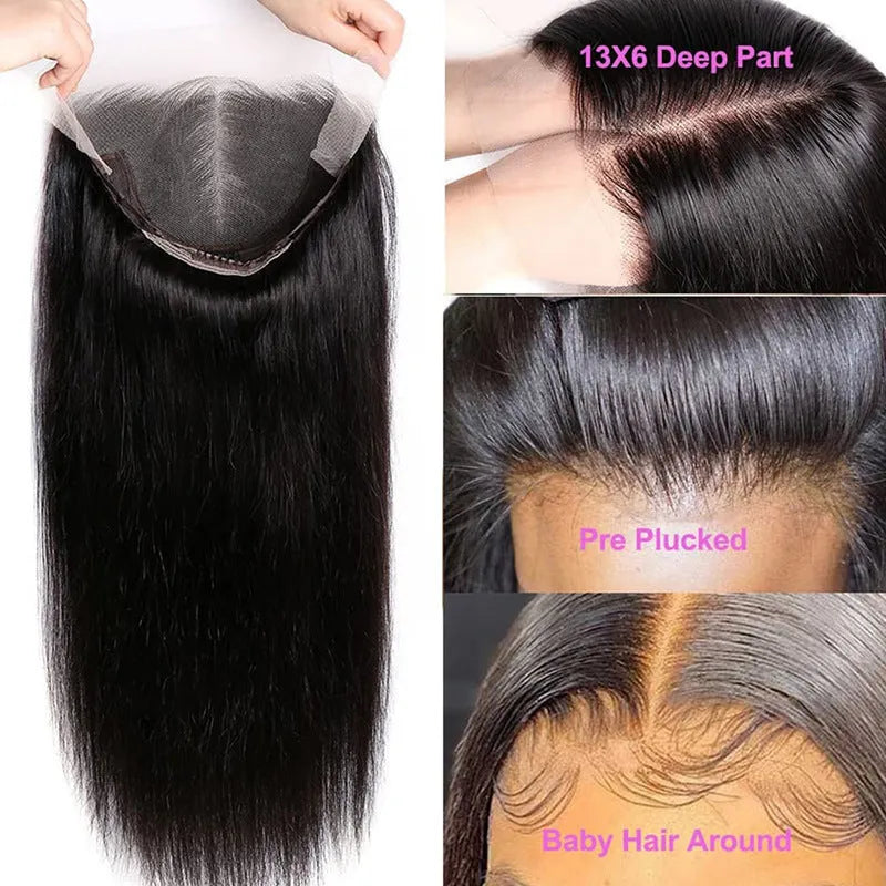 13x6 straight lace front human hair wig in natural black colour showing realistic hairline