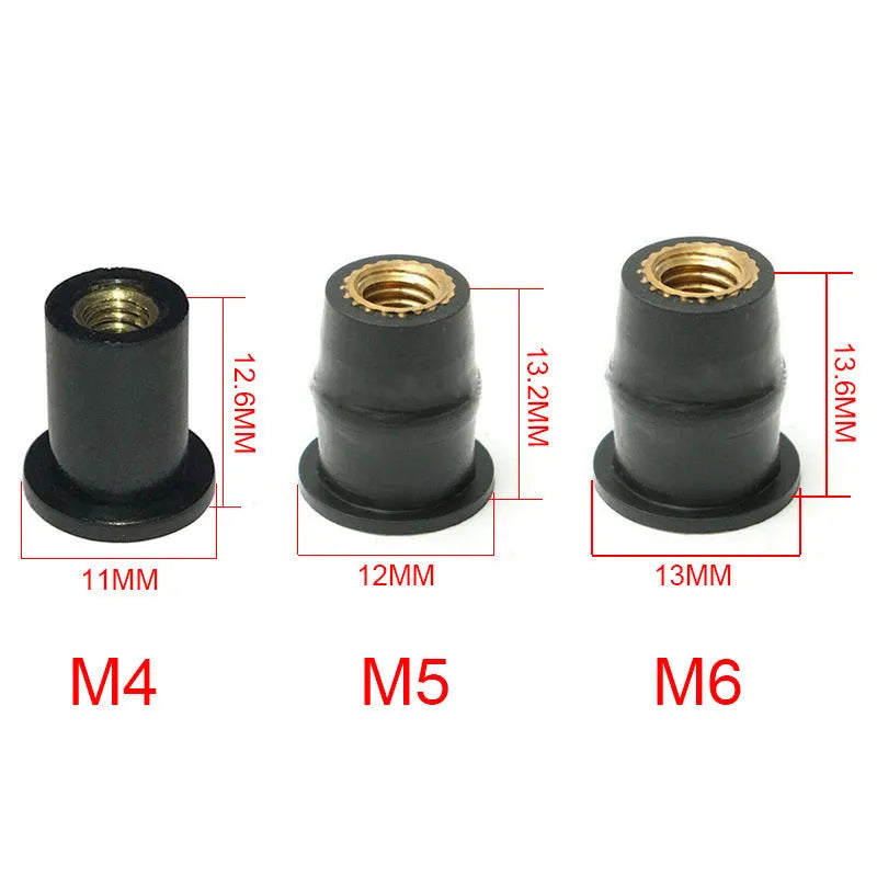 Pack of 10 black rubber brass well nut fasteners for motorcycle windshields in M4, M5, and M6 sizes.