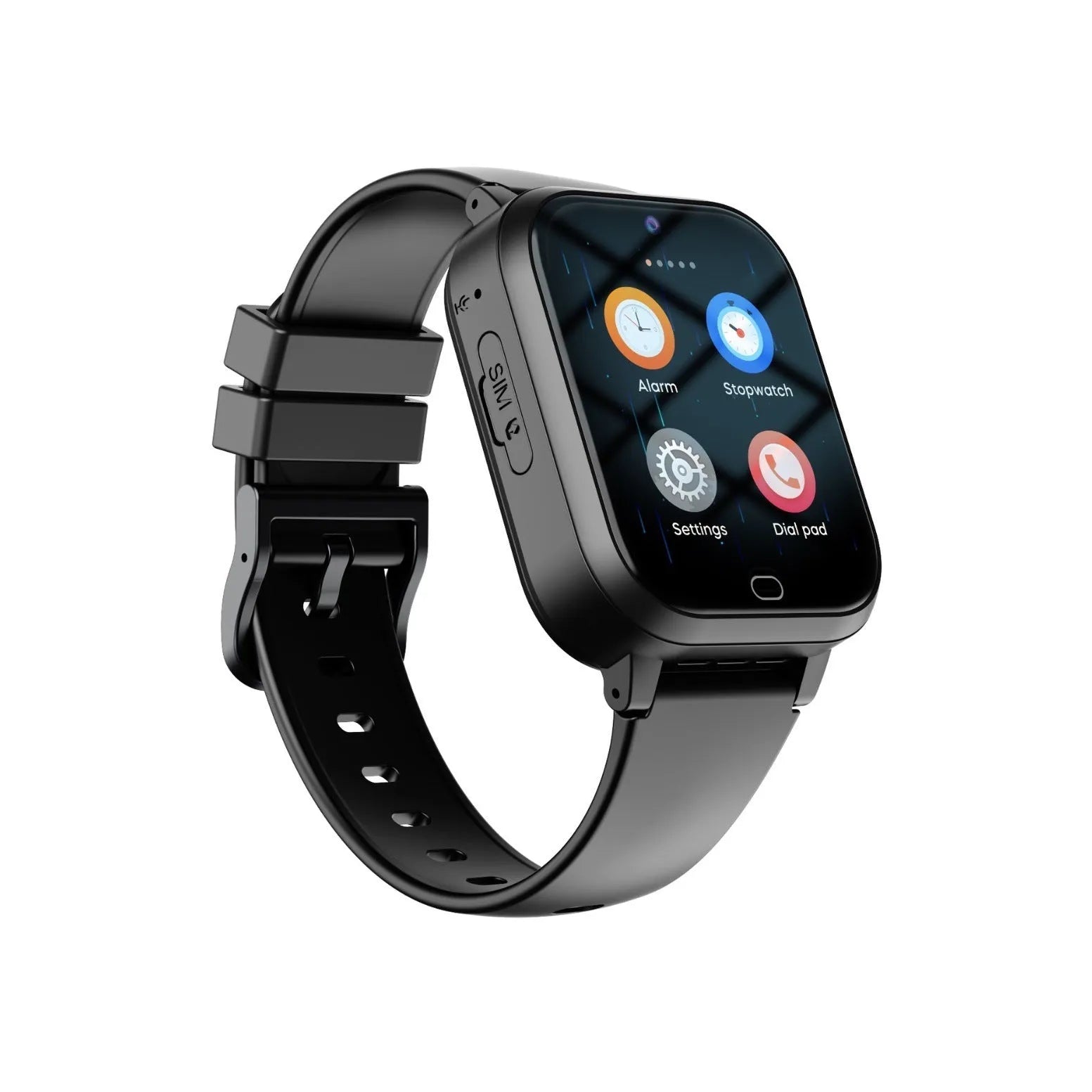 Child's 4G smartwatch with colour touchscreen on a wrist strap in black, blue, or pink