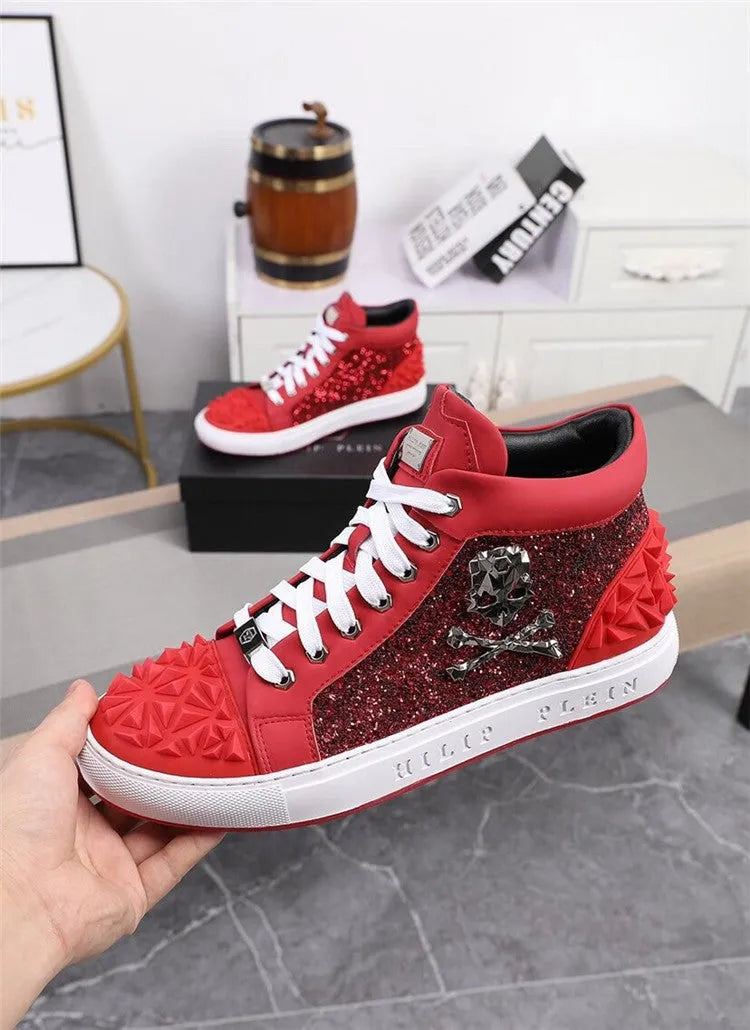 Men's black high-top skeleton shoes with genuine leather uppers and perforated design for breathability