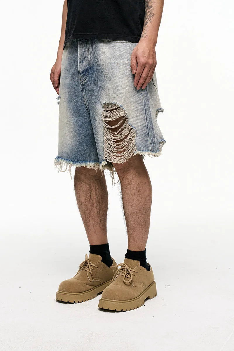 Light blue retro washed men's baggy denim shorts with mid-waist and wide-leg fit