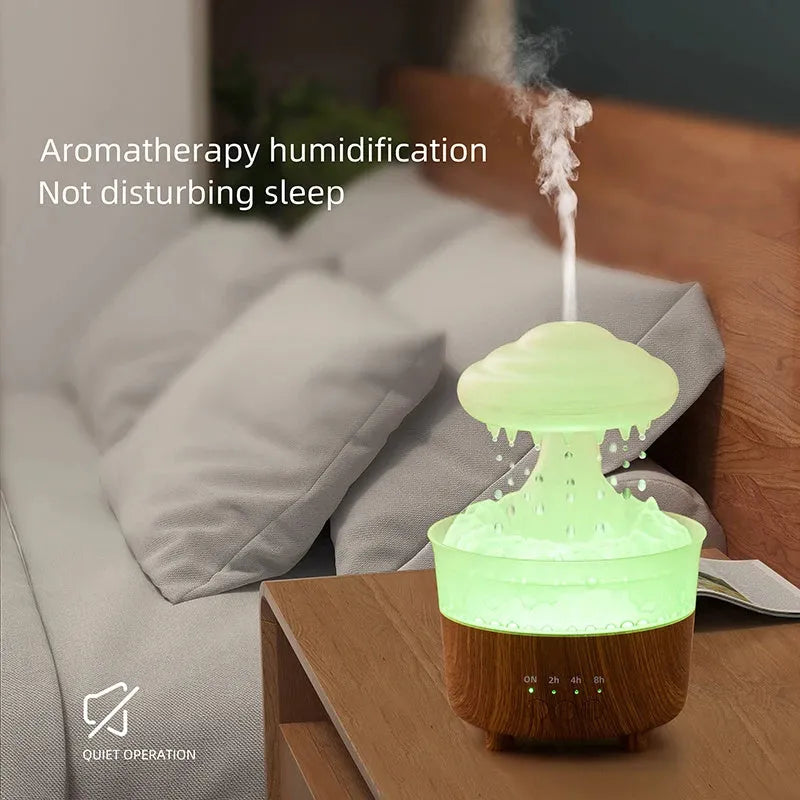Wood grain rain cloud shaped humidifier diffuser with coloured LED light and water droplet sound.