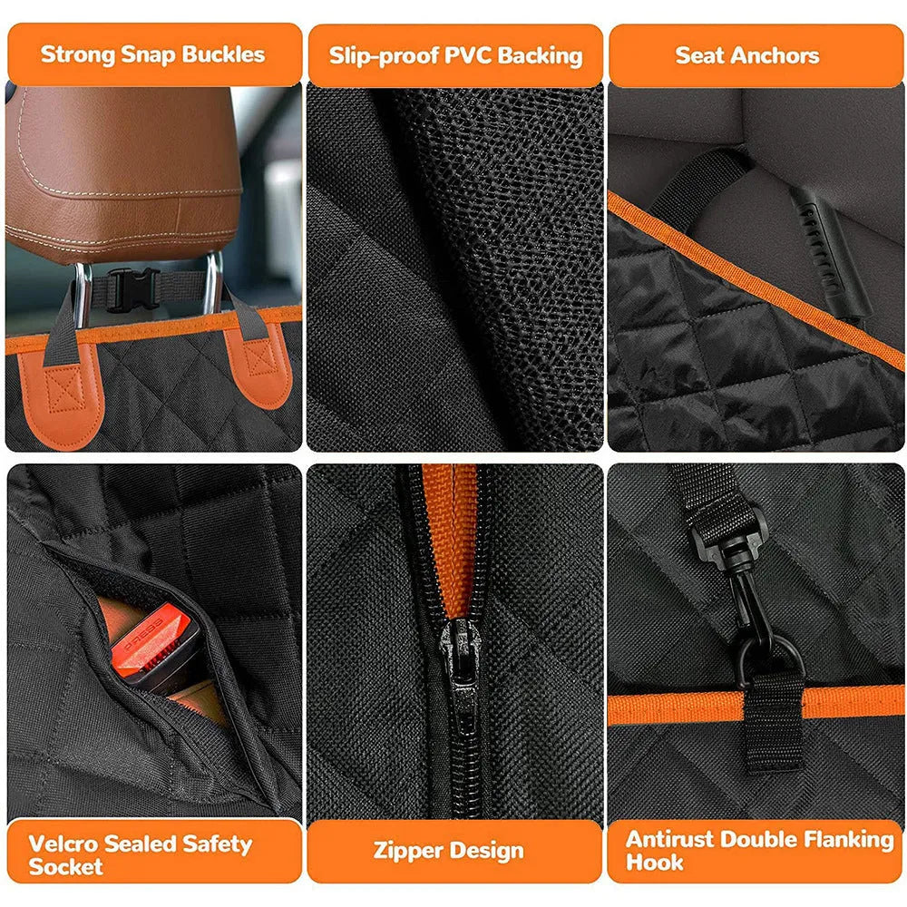 Black and orange waterproof pet car seat cover made from 600D Oxford cloth, shown on rear car seats.