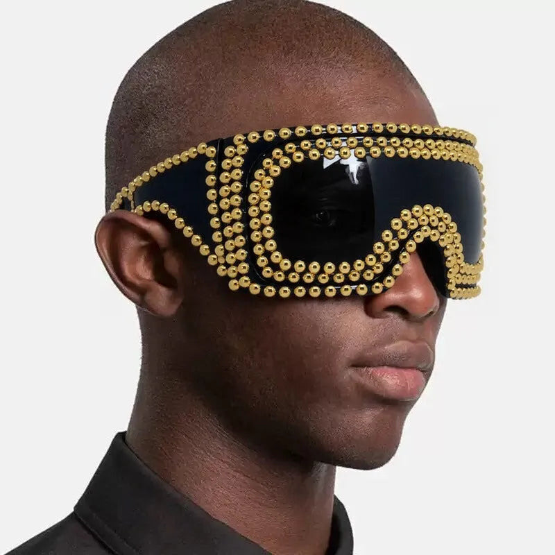 Men's silver punk sunglasses with large square frame and rivet details for UV protection