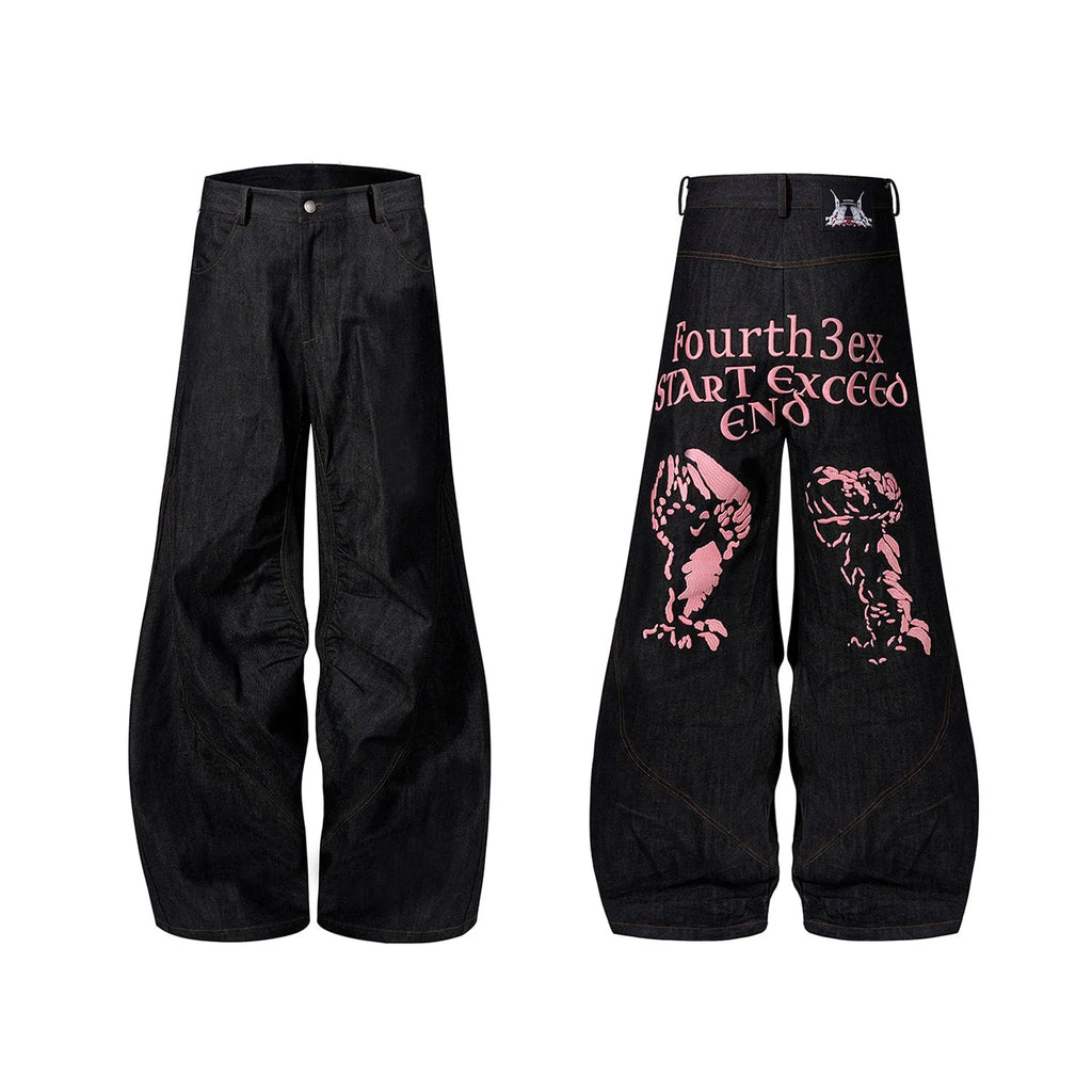 Black wide-leg women's jeans with colour-changing embroidery, shown in a loose straight fit.
