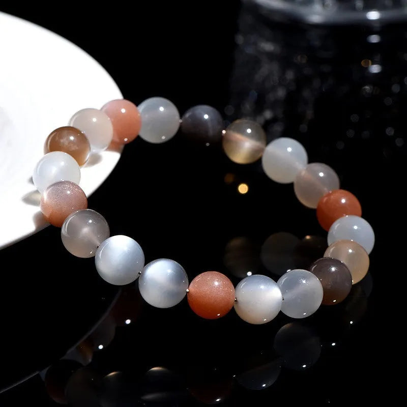 Natural moonstone bracelet with 8mm single circle beads, colourful moon light appearance, unisex design