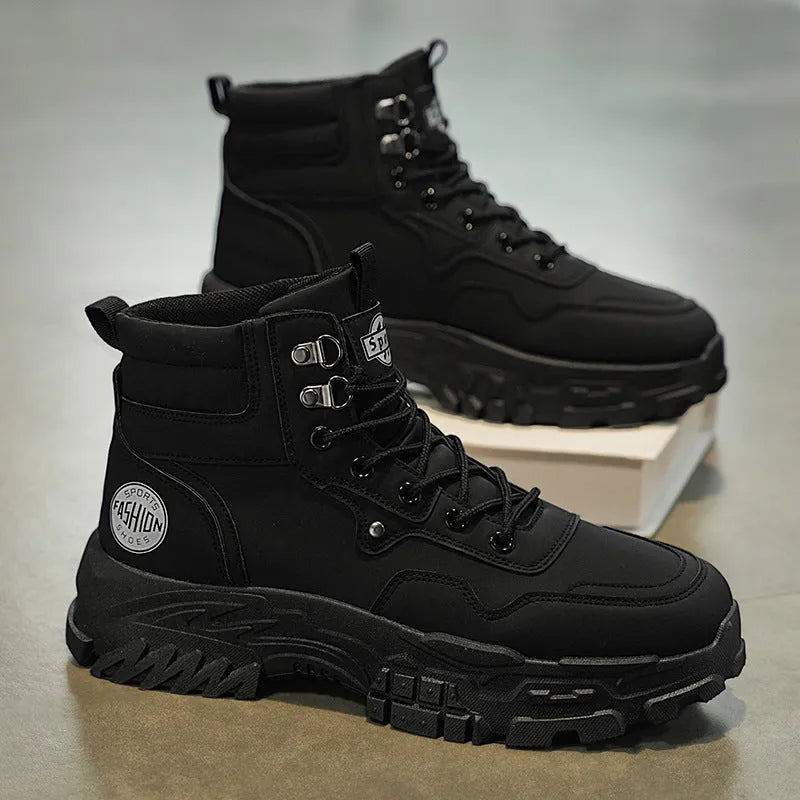 Men's black and yellow Martin boots with artificial PU upper and mid heel