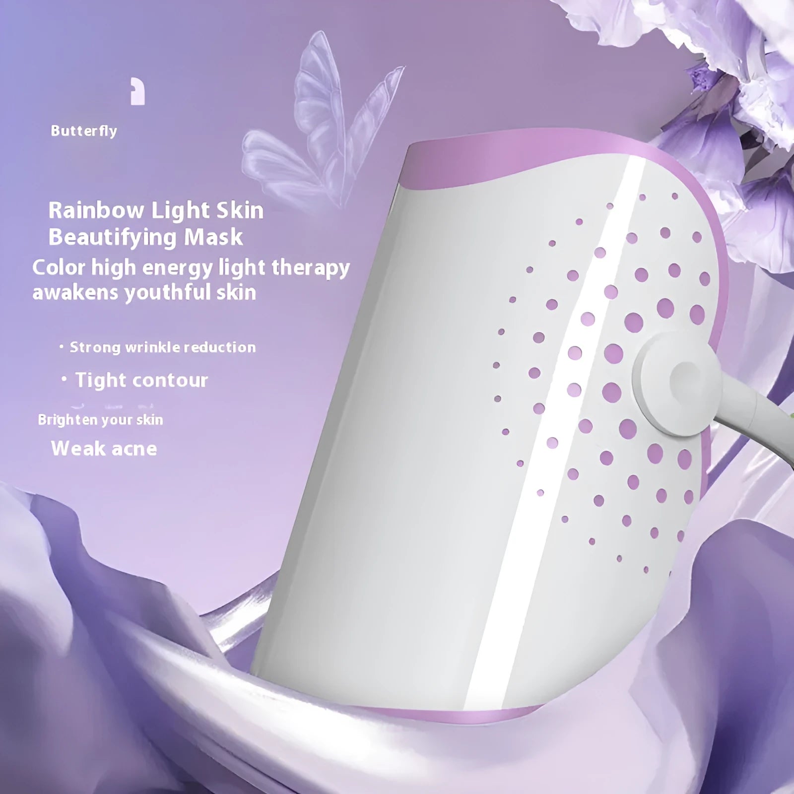 White and purple plug-in photon beauty mask IPL device with spectrometer for facial light therapy.