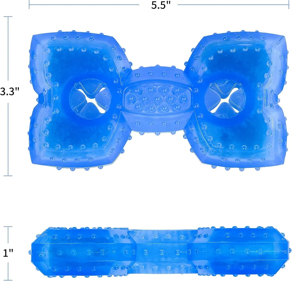 Freezable dog teething cooling chew toy with treat compartment in Bones and Circles shapes