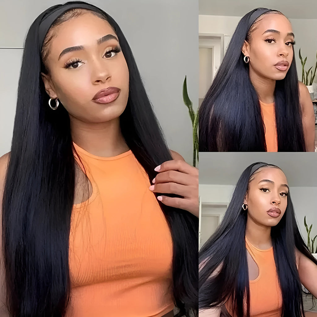 Headband wig with straight or curly high-temperature fibre hair in black or wine red