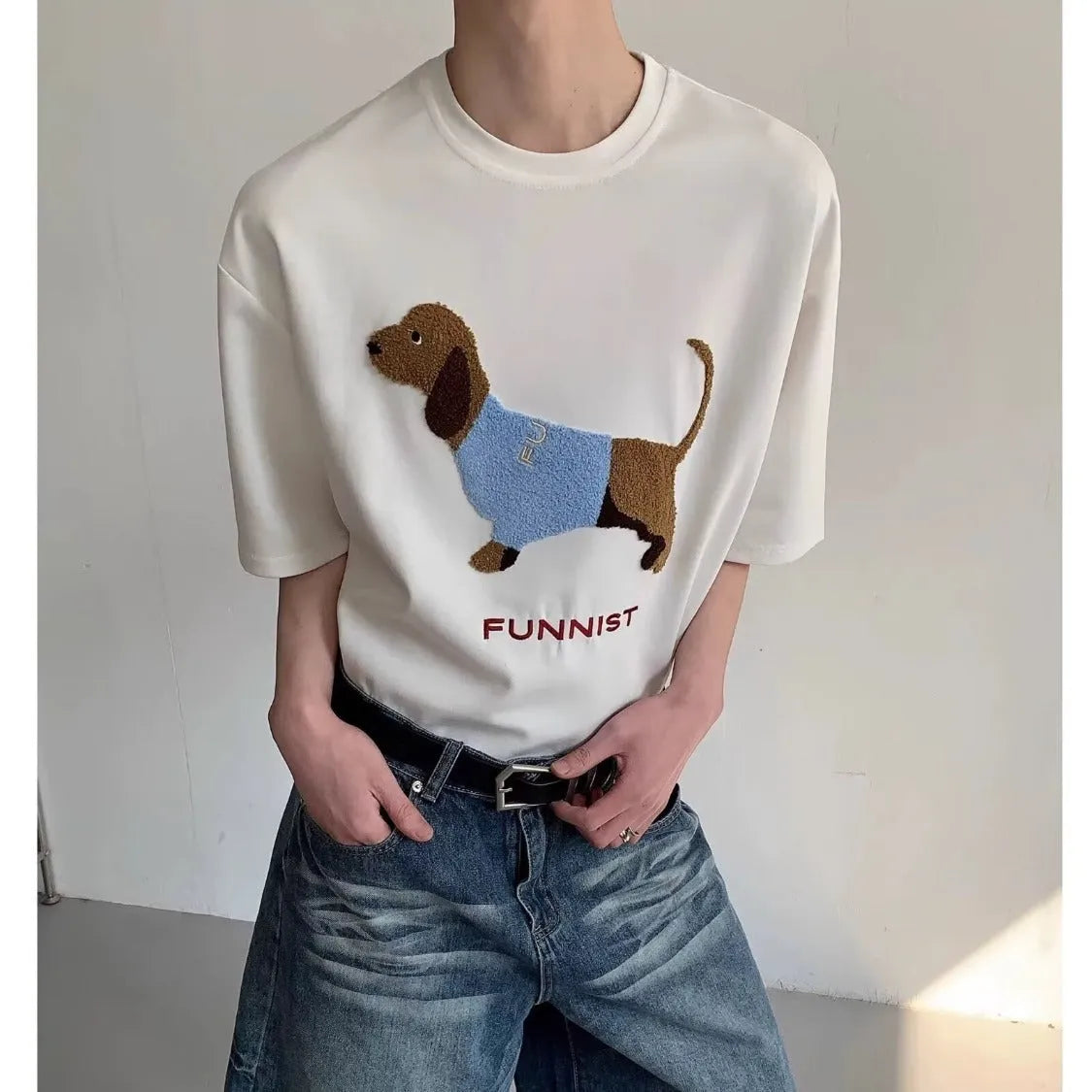 Sausage dog towel embroidery on a grey round neck short sleeve cotton T-shirt