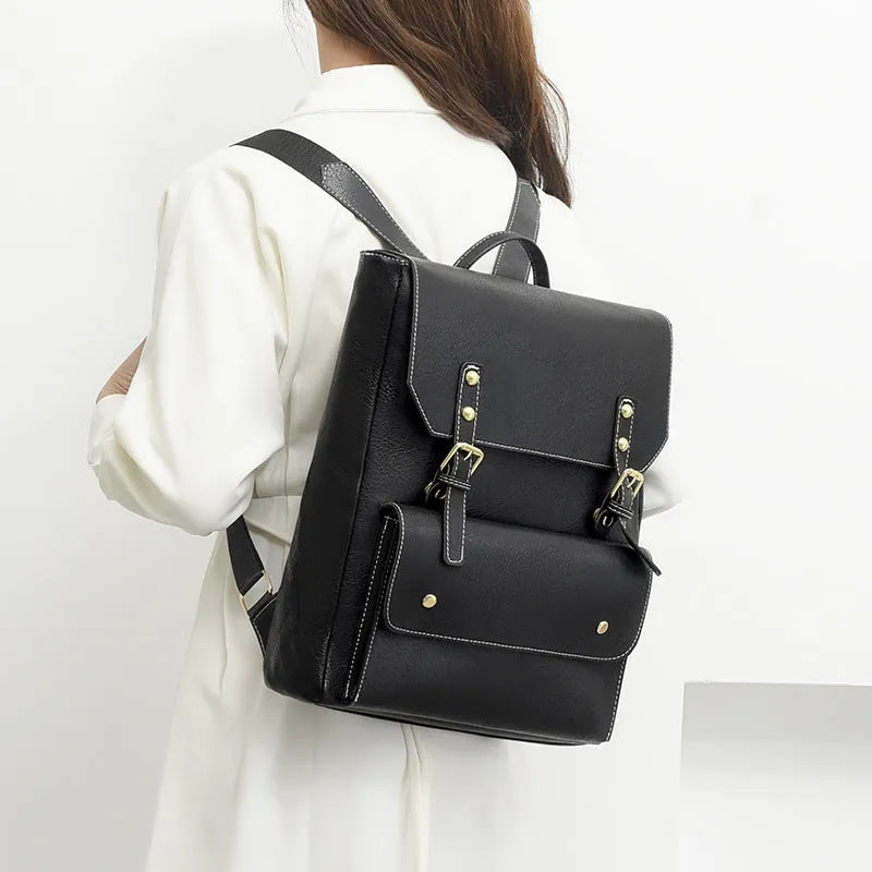 Korean style retro backpack in soft PU material with ventilation features and burden reduction design