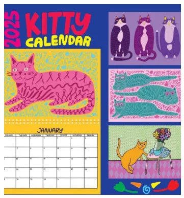Cat-themed wall calendar showing 12-month grid with tear-off design and feline illustrations for each month