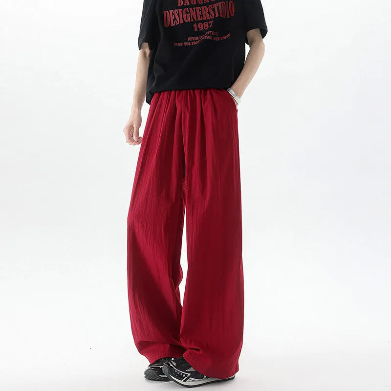 Men's wide-leg high-waist casual trousers in thin polyester blend, straight-leg drop fit, sizes M to 8XL, nine colours
