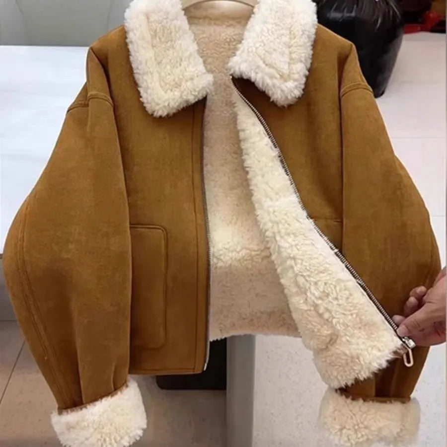 Women's thickened faux fur winter jacket with faux fur collar and pockets, shown in brown, coffee, orange, and burgundy, sizes S to 3XL.
