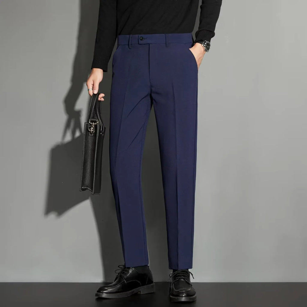 Men's straight-leg suit trousers with spring draping effect in apricot colour, showing waist to ankle design