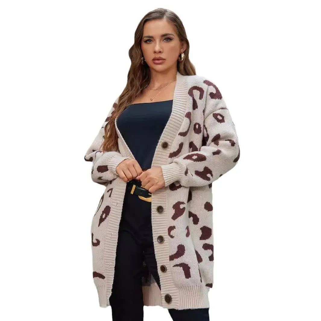 Women's apricot mid-length leopard print cardigan coat, loose fit, button front, long sleeves, 65cm length, polyester