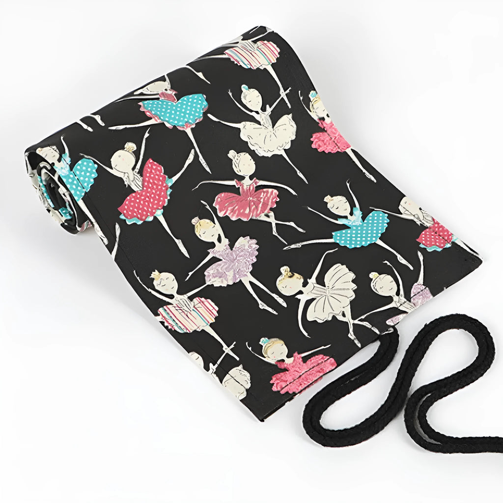 Canvas rolling pencil case with ballet girl print, shown open to reveal multiple pencil slots.