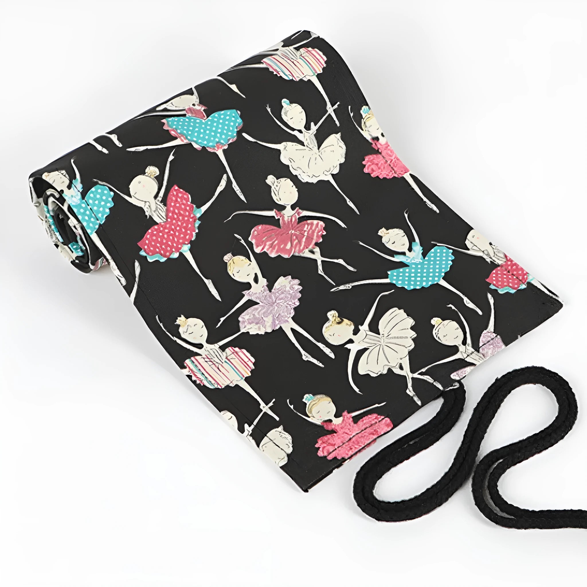 Canvas rolling pencil case with ballet girl print, shown open to reveal multiple pencil slots.