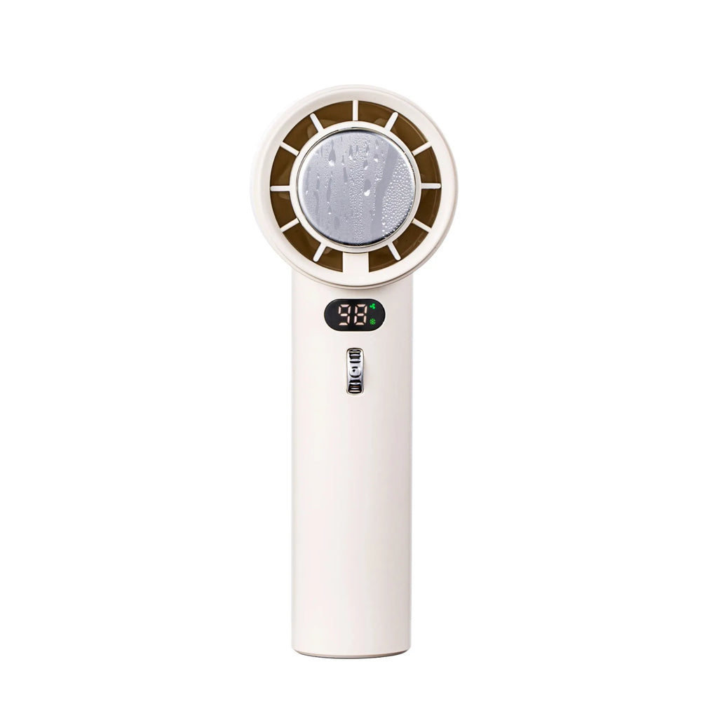 White and grey portable handheld turbo fan with semiconductor cooling and adjustable speeds.