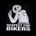 Respect for Bikers 15cm by 11cm vinyl car sticker in reflective silver colour on a vehicle window.