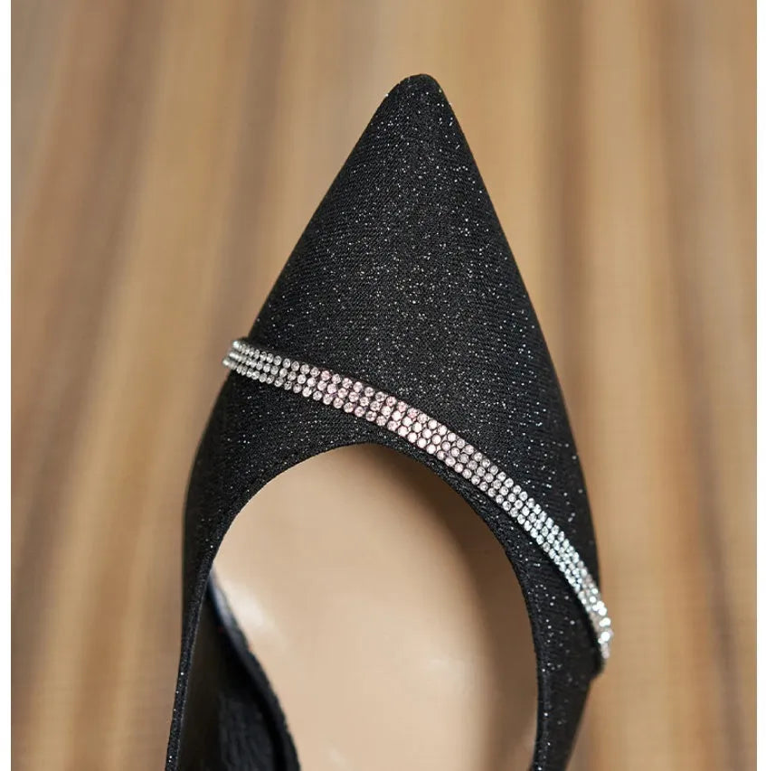Black French style high heels with sequined detailing and 7cm thin heels