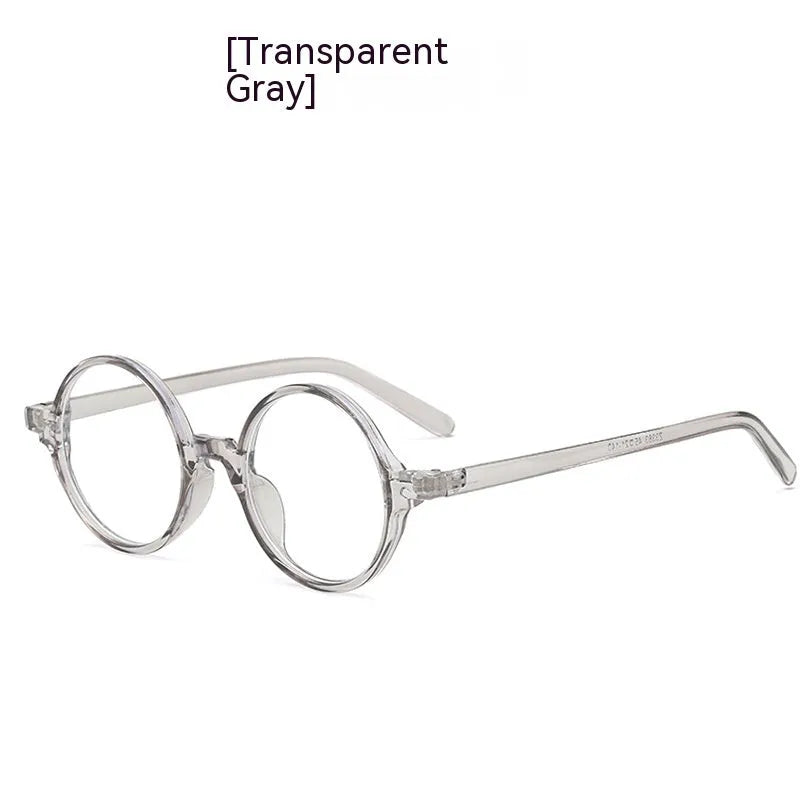 Retro round flat mirror glasses in bright black, sand black, tofu pudding, and transparent grey PC frames