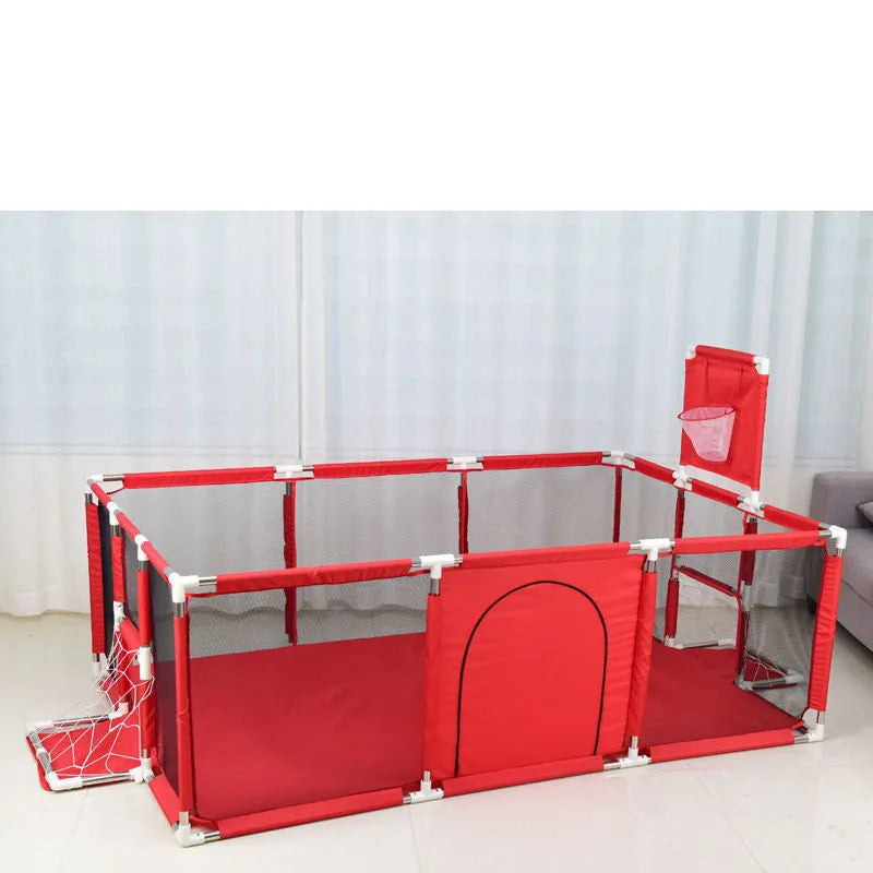 A large Dark Grey children's playpen tent with steel frame set up indoors on a carpet.