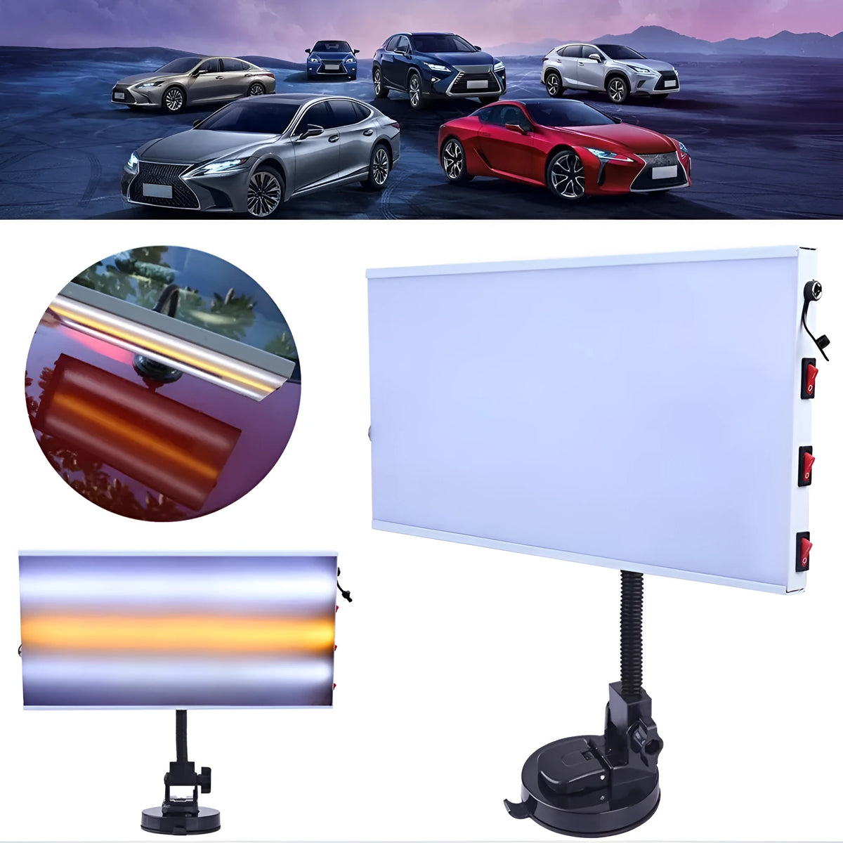 White MPT X009 car dent detector with concave inspection light for automotive repair assessment