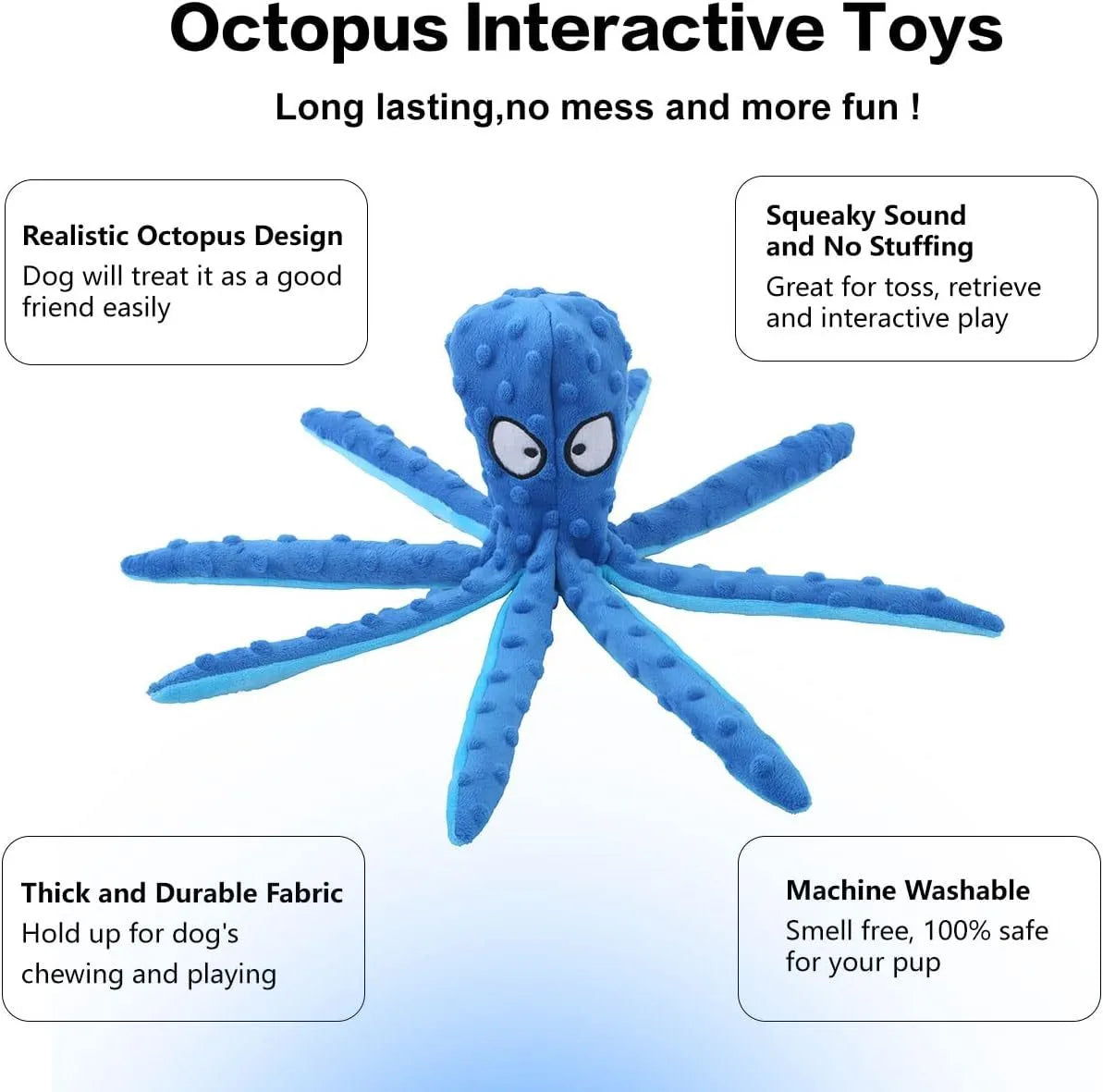 Blue octopus-shaped dog chew toy with crinkle paper and squeaker, no stuffing.