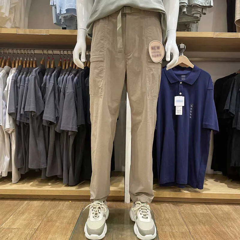 Men's beige straight-leg casual overalls made from bamboo fibre fabric with micro elasticity