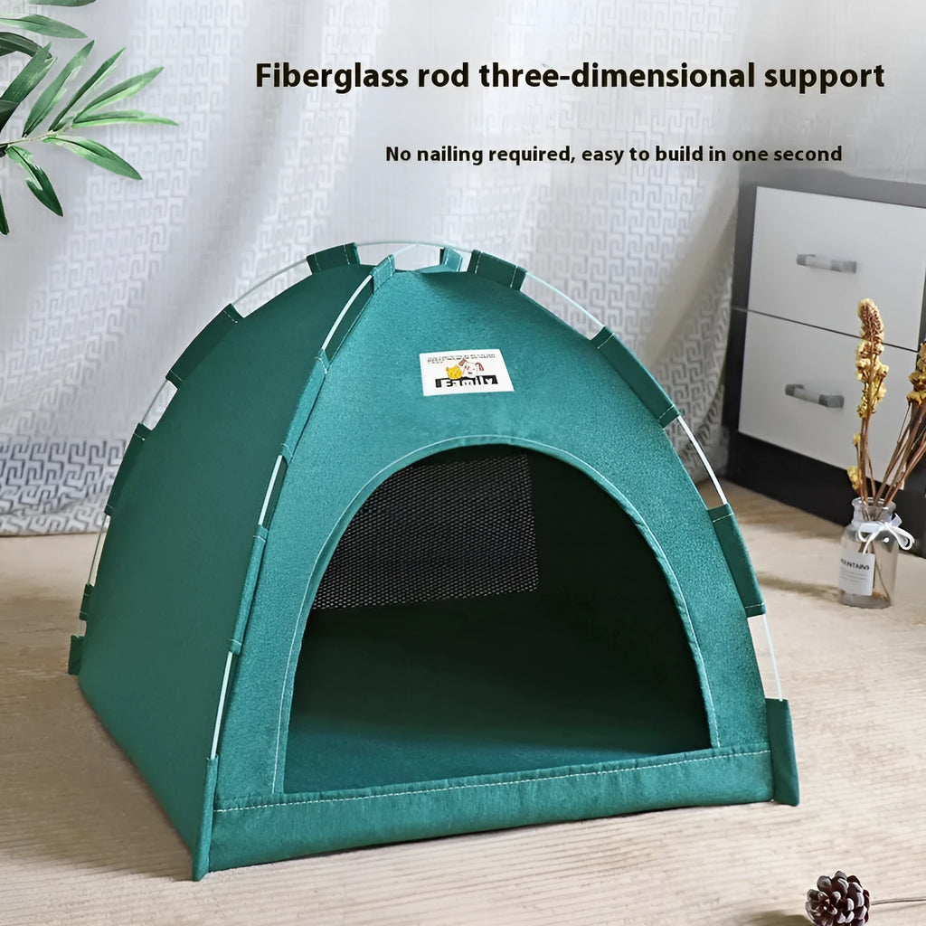 Grey linen-like fabric pet tent bed with removable washable cover for cats and small dogs.