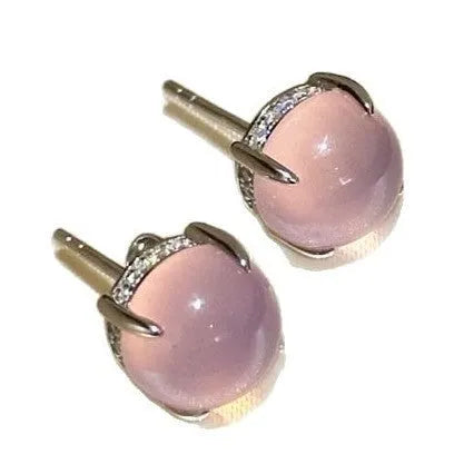Chinese-style retro chalcedony earrings with copper four-claw settings and round egg surface stones
