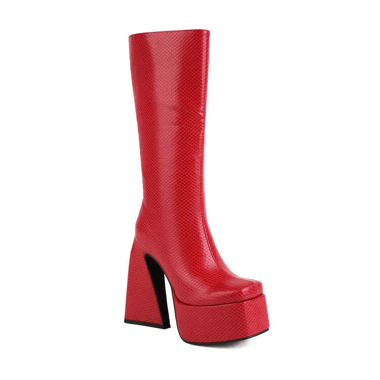 Women's high boots in artificial PU available in black, red, blue, and white colours with UK sizes 34-43
