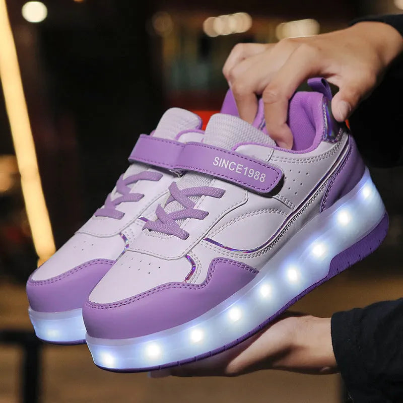 Children's pink and white roller skates with bright LED flashing wheels on a blue background.
