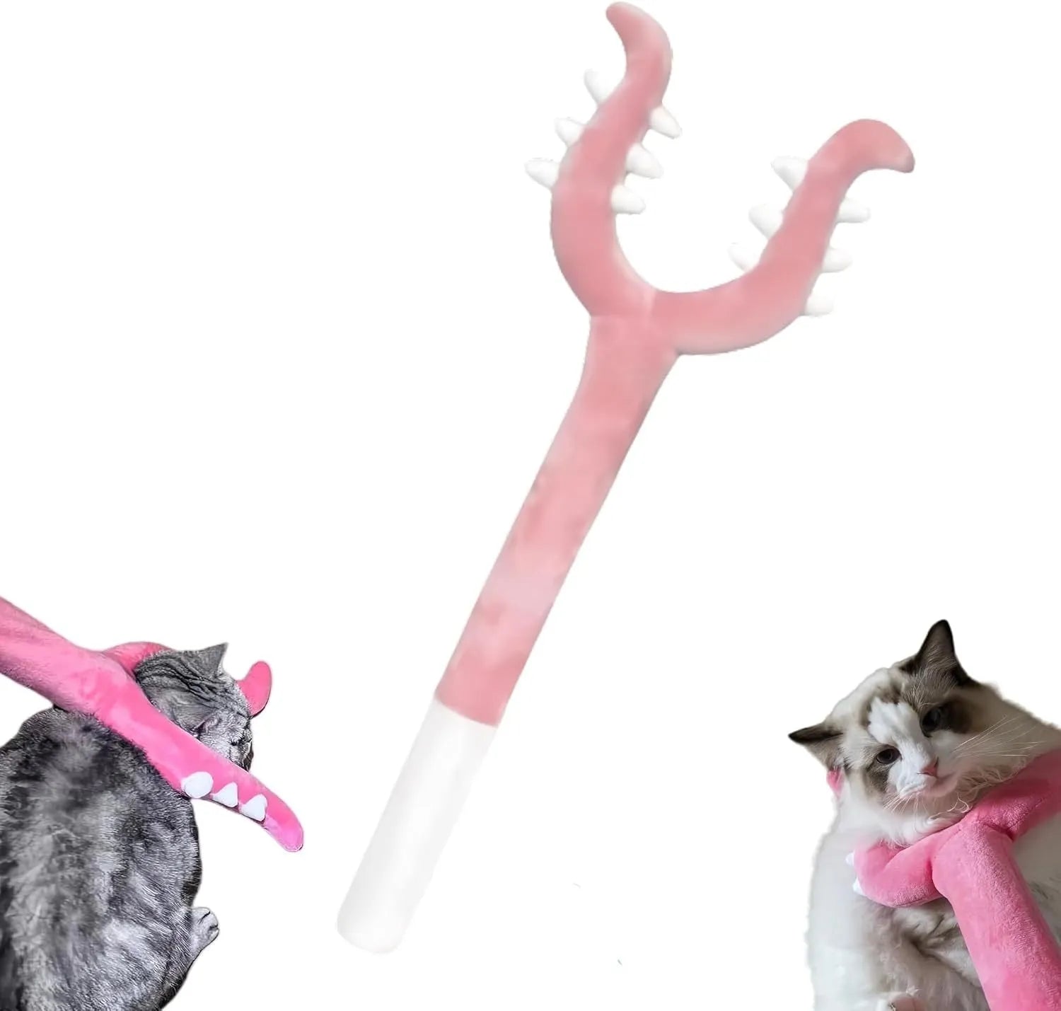 Blue plush cat wand toy with 70cm length shown during interactive play with cat