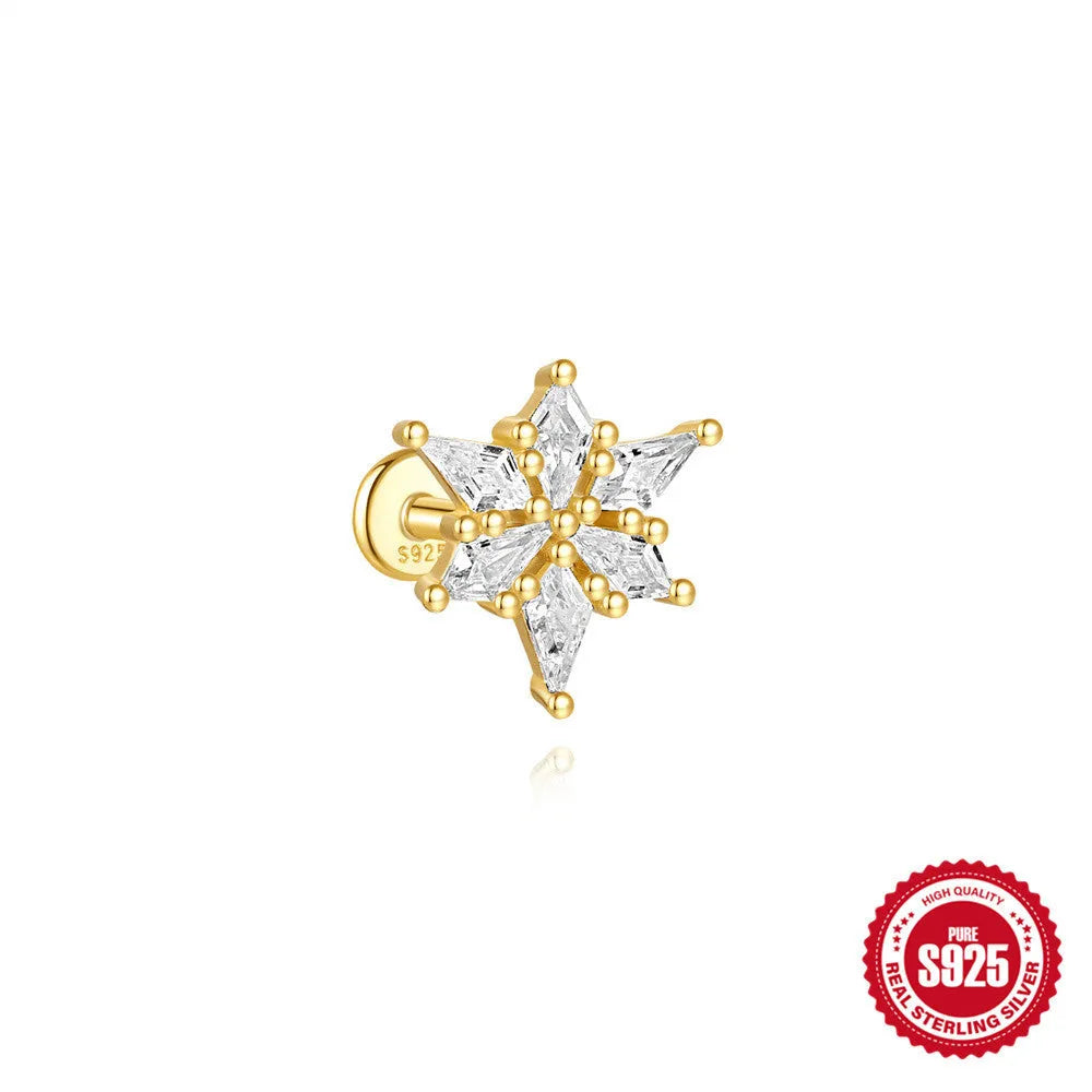 S925 sterling silver water drop earrings with flat spiral puncture in gold-plated finish, showing geometric shape and secure earring mechanism