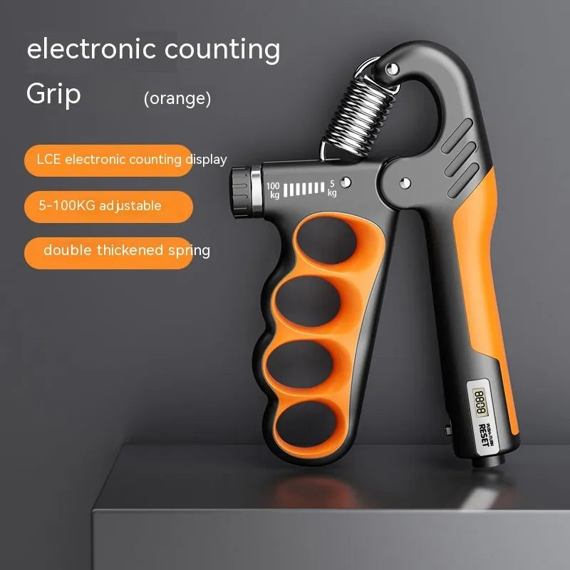 Adjustable electronic count spring grip with digital display, orange counter, and contoured PP handles for hand strength training
