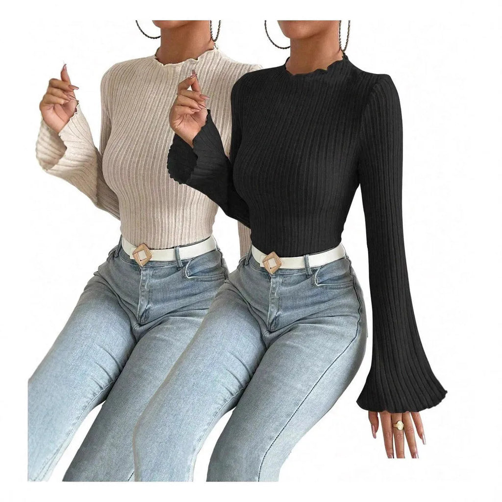 Long sleeve round neck top with lantern sleeves in brushed polyester fabric, black colour, slim fit