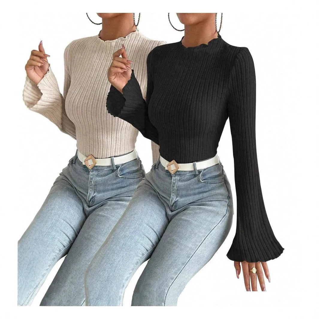 Long sleeve round neck top with lantern sleeves in brushed polyester fabric, black colour, slim fit