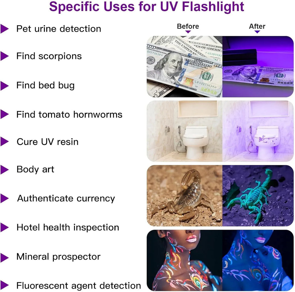 Black or silver aluminium alloy UV flashlight for detecting pet stains and insects.