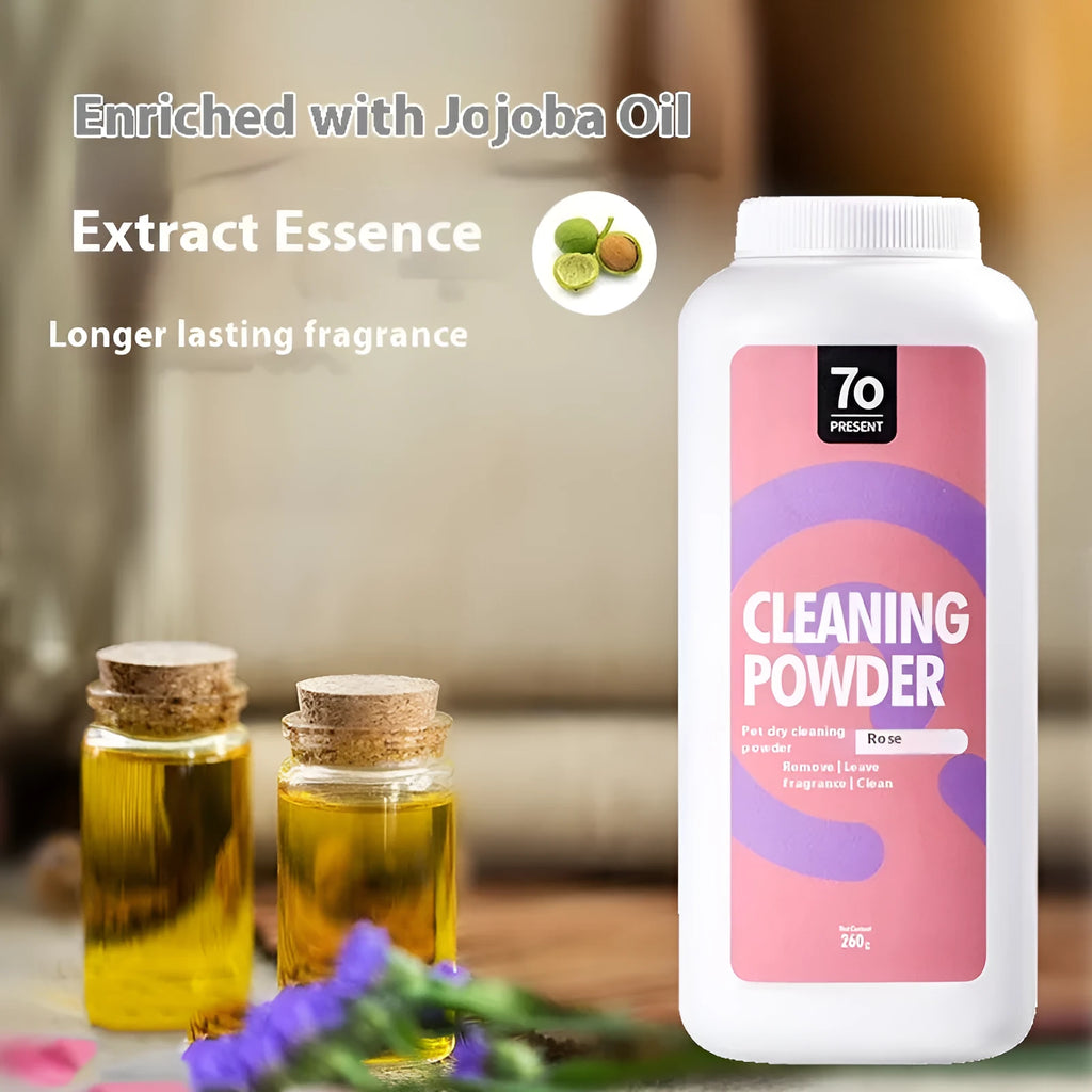 Container of dog dry cleaning powder in choice of rose, Seville orange, or menthol scent, 260g
