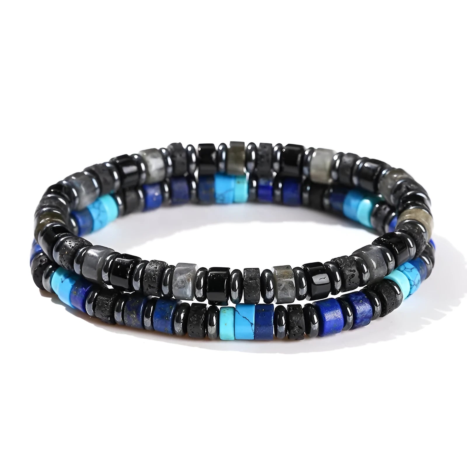 Natural hematite and volcanic rock bead bracelet for men with 6mm geometric beads.