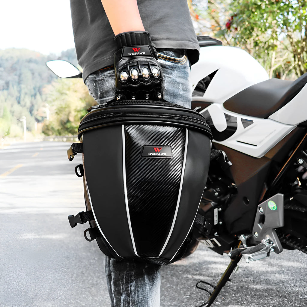 Black waterproof motorcycle tail seat bag with reflective strip and shoulder strap
