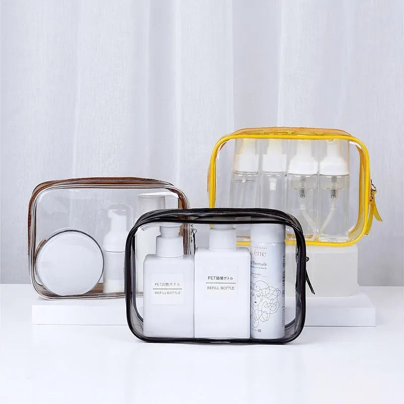 Set of three semi-transparent PVC bags in black, pink and white with customisable front panel.