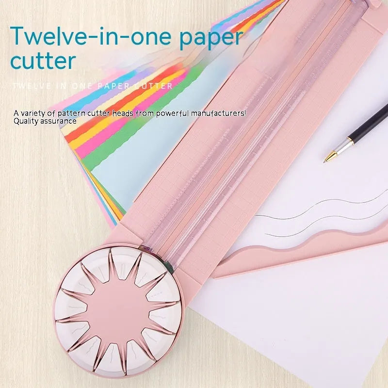 Pink and black 12-in-1 paper cutter with dotted plastic surface measuring 46.2cm