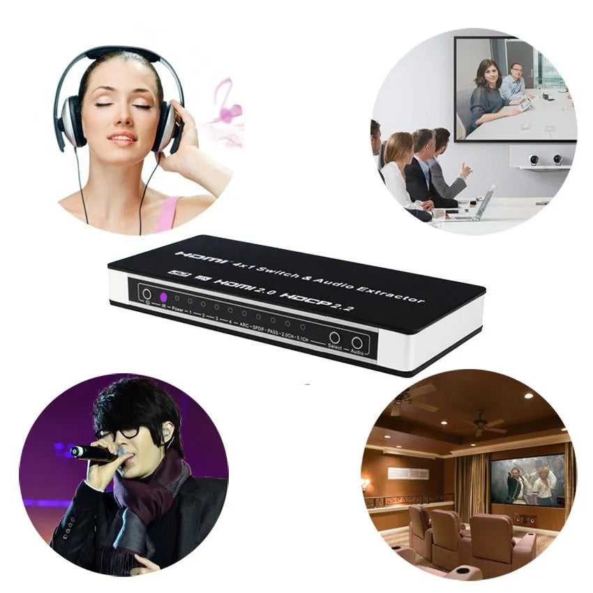 Black HDMI switch box with four input ports and one output port, shown with remote control and cable.